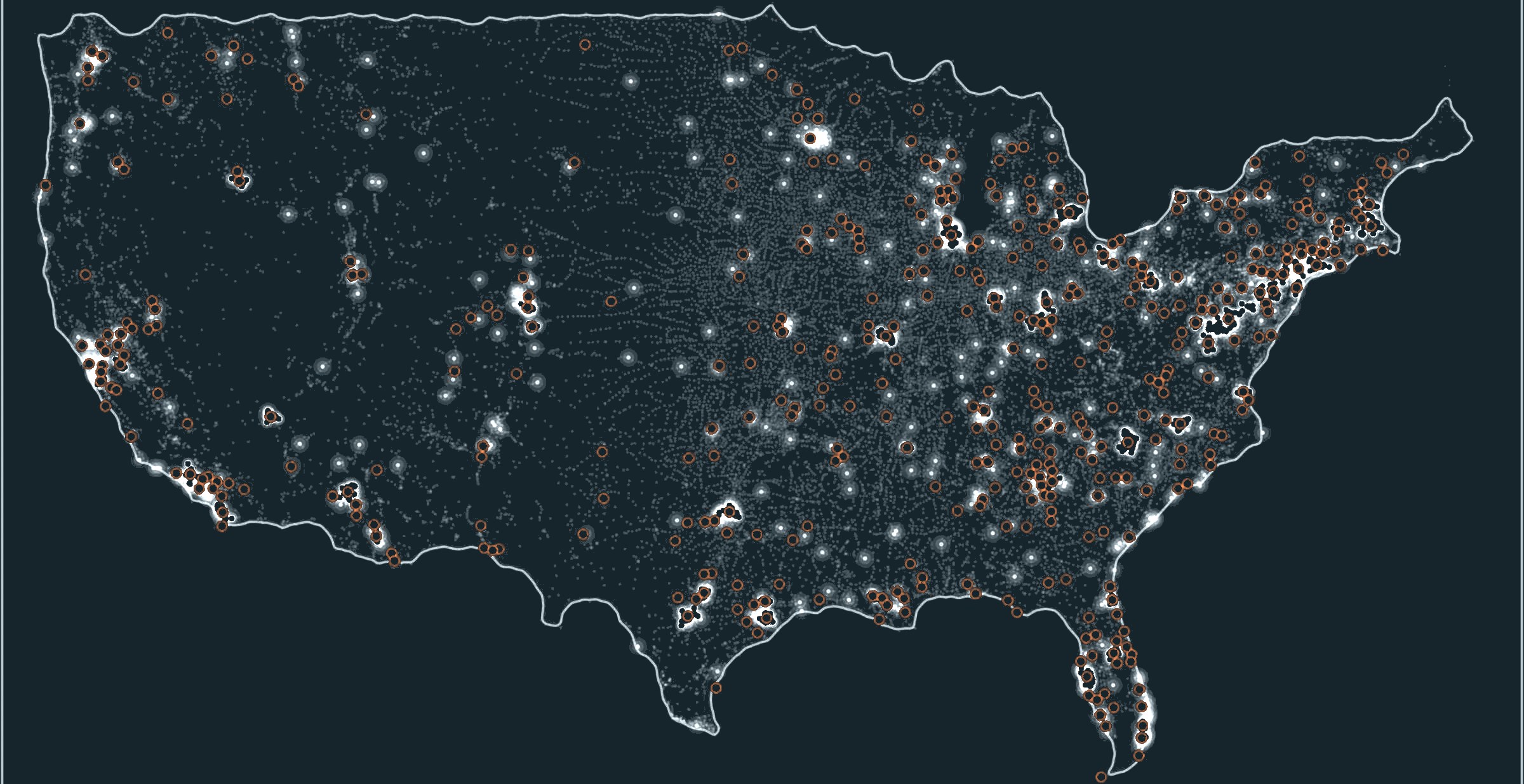 Map of the United States. Steel glow marks every city listed in; orange rings mark the cities that sent orders.